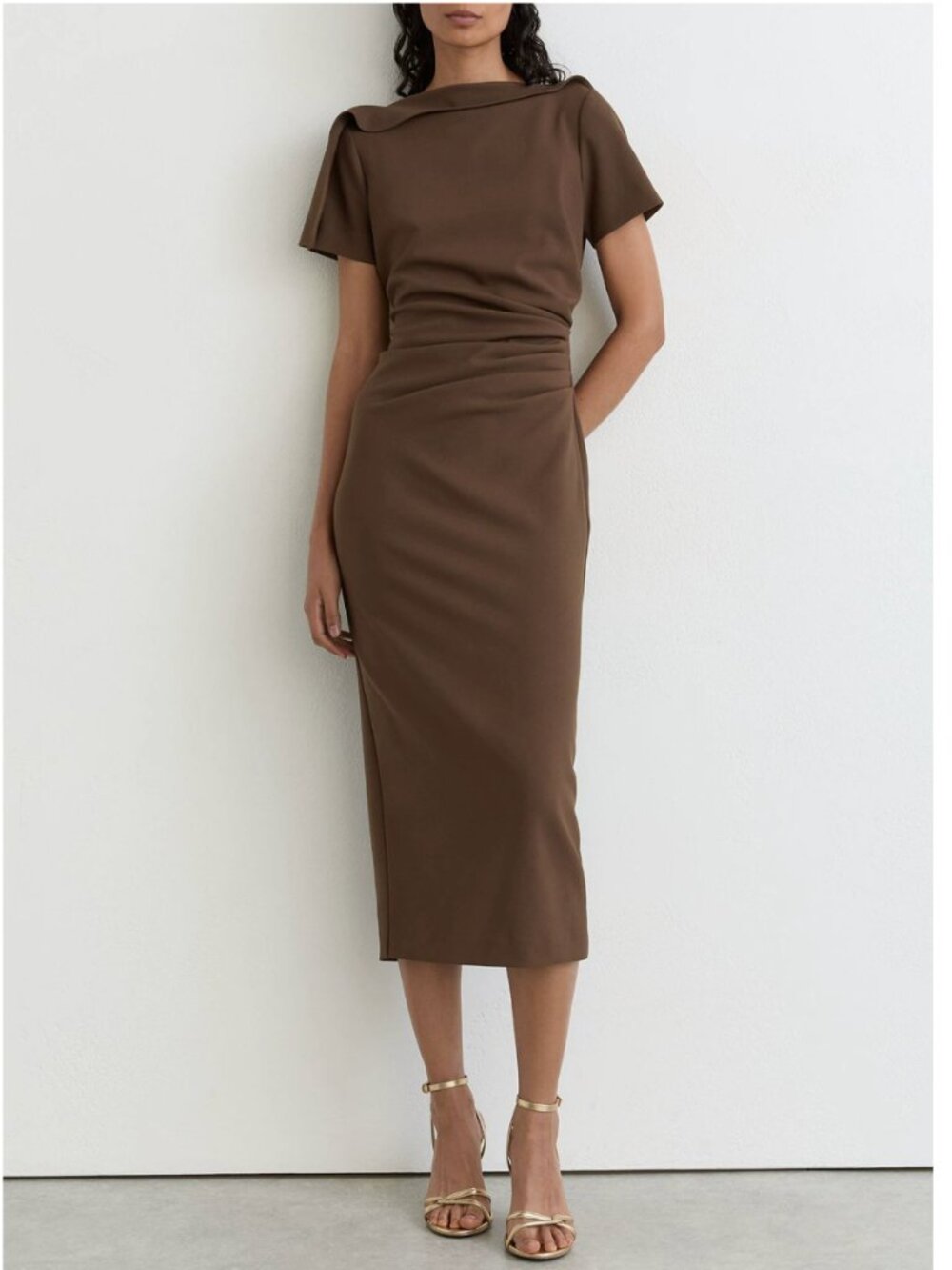 REISS Hilary Midi Dress Mocha Brown Ruched-Detail Boat-Neck Business Causal